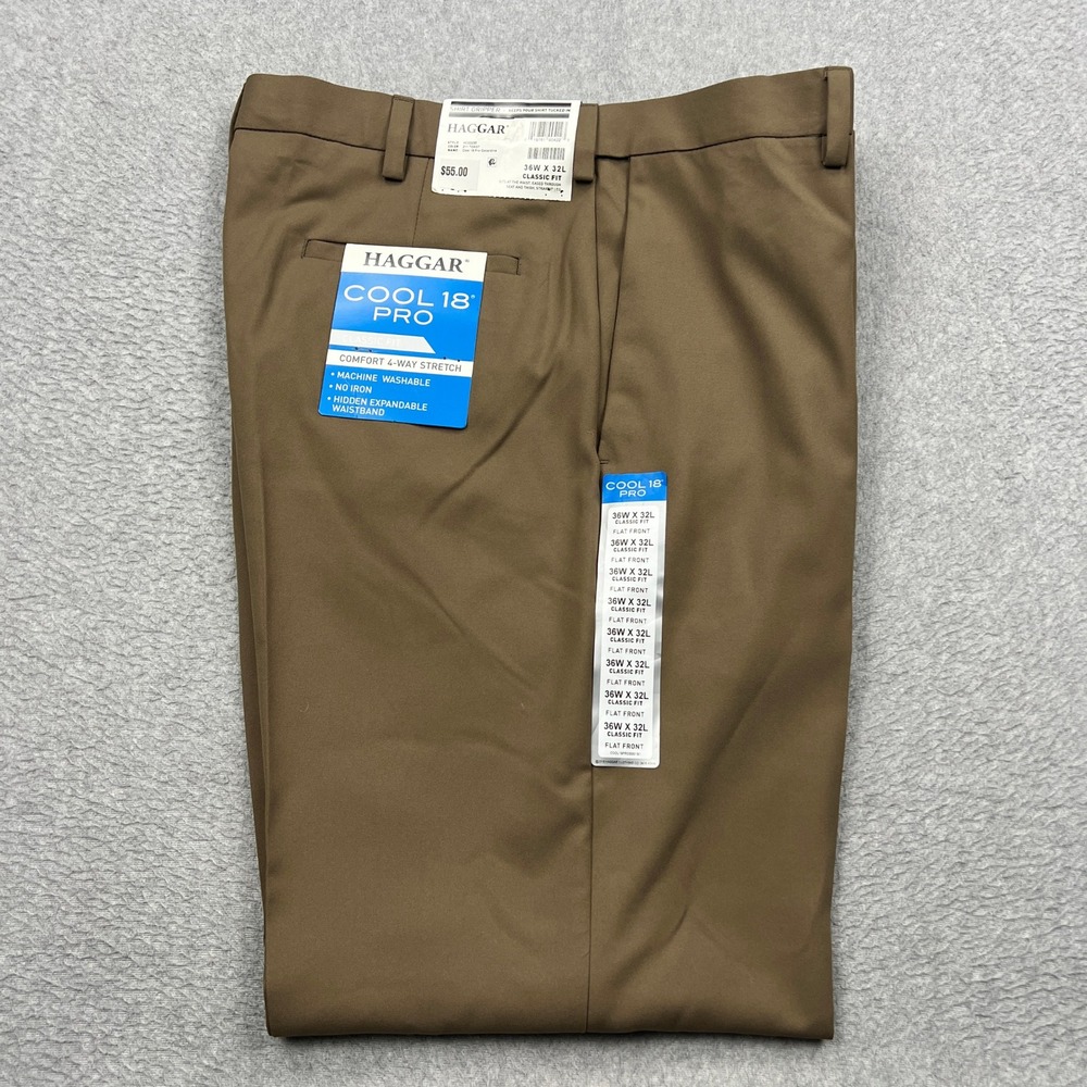 NEW Haggar Cool 18 Pro Pants Mens 36x32 Brown Gabardine Classic Stretch Dress